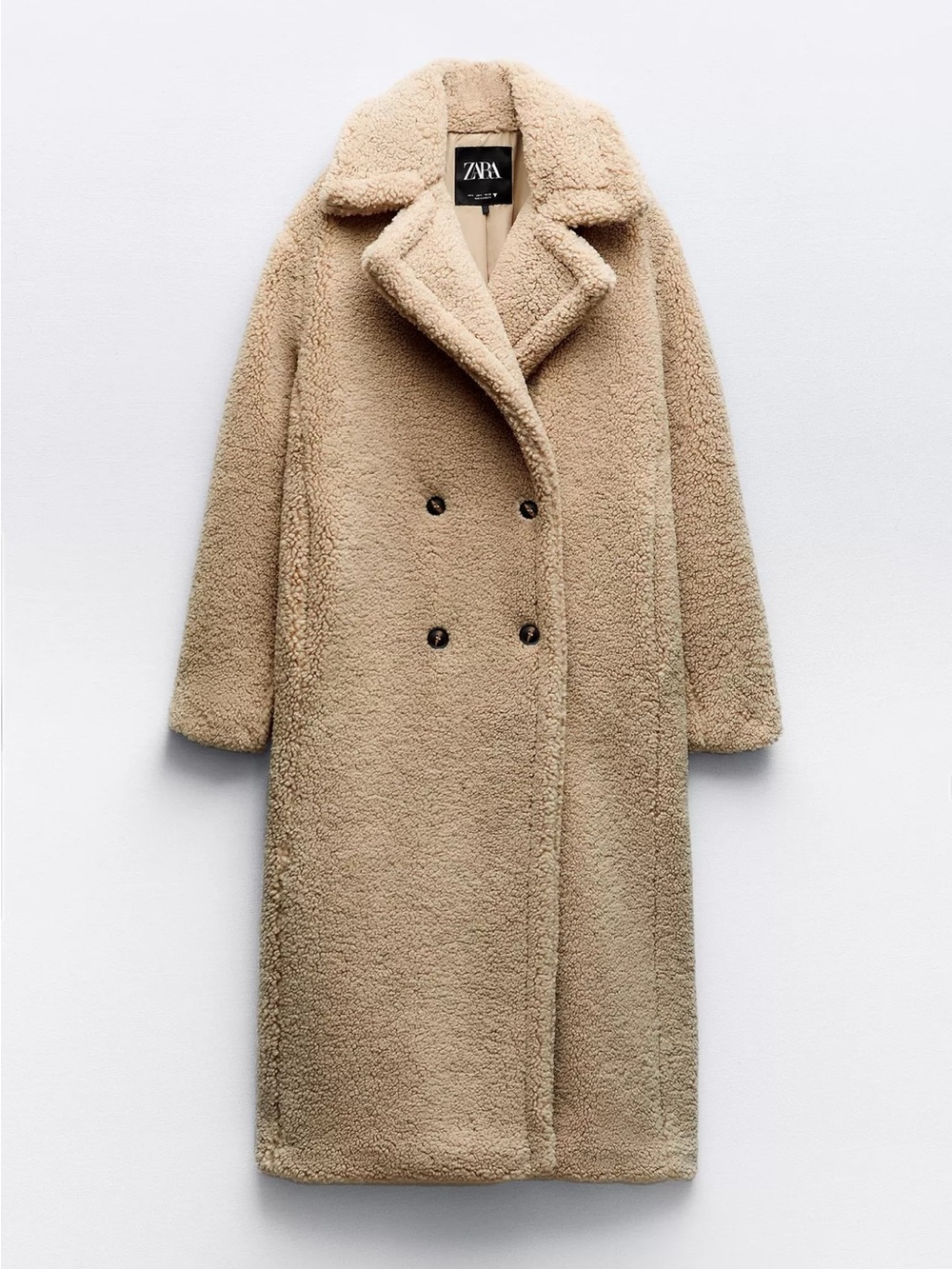 Zara Women's Long Teddy Double-Breasted Coat in Beige extra long